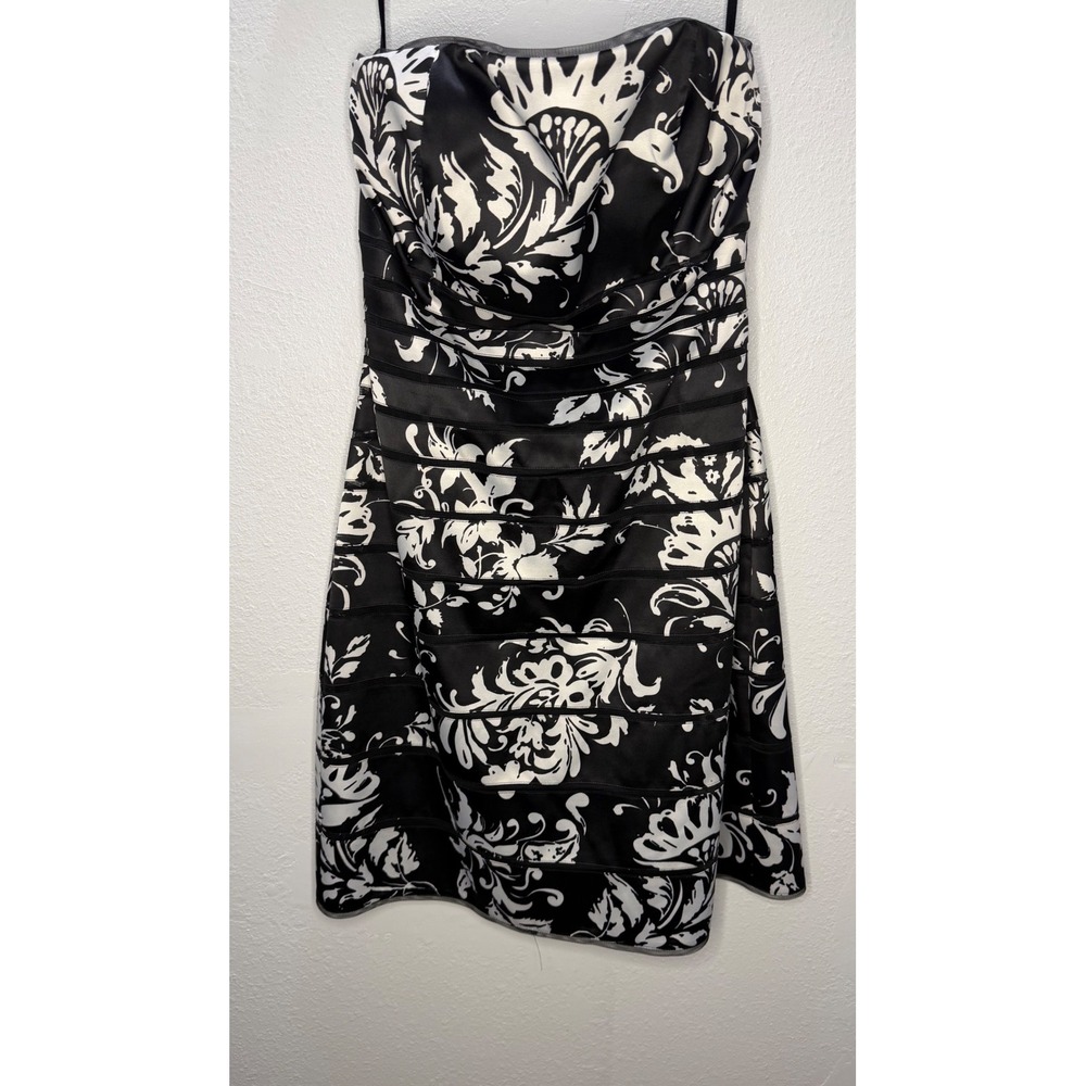 White House Black Market Strapless Black White Floral Mesh Tiered Dress 14